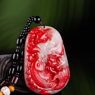 Liontin Ikan Koi Giok Batu Merah Putih / Kalung Tali + Liontin Giok Sintetis Ukiran Ikan Bahan Tebal