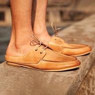 真皮男鞋 休閒鞋 牛皮拖鞋 膠底懶人鞋 英倫風 羅馬鞋 包頭半拖