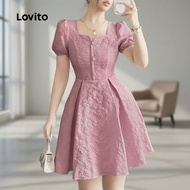 Lovito Gaun Elegan Jacquard Kancing Berlipat Musim Bunga/Panas Pink untuk Wanita L138ED340