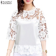ZANZEA Women's Korean-Inspired Lace Crochet Splice Blouse with 3/4 Sleeves