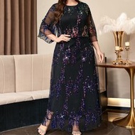 Plus Size Women's Sequin Mesh Round Neck 3/4 Sleeve Glamorous Elegant Dress Wedding Formal Dinner Bl