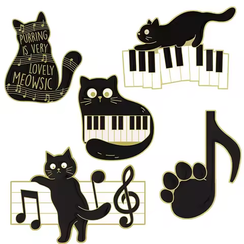 Black Cat Music Enamel Pin Animal Cute Musical Instrument Notes Piano Brooch Badge Friends Gift Whol
