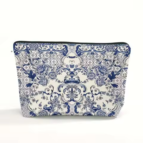 Blue and white Porcelain Women's Cosmetic Bag Vintage Blue Floral Pattern Large Capacity Portable Tr