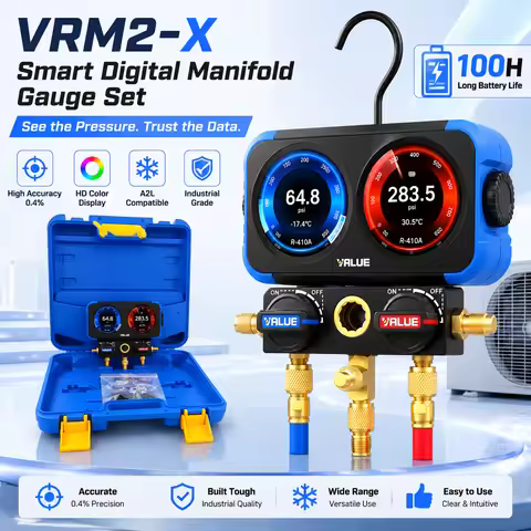 VRM2-X Digital Manifold Gauge HD Color Display HVAC Refrigerant Meter A2L Compatible Accuracy 100HBa