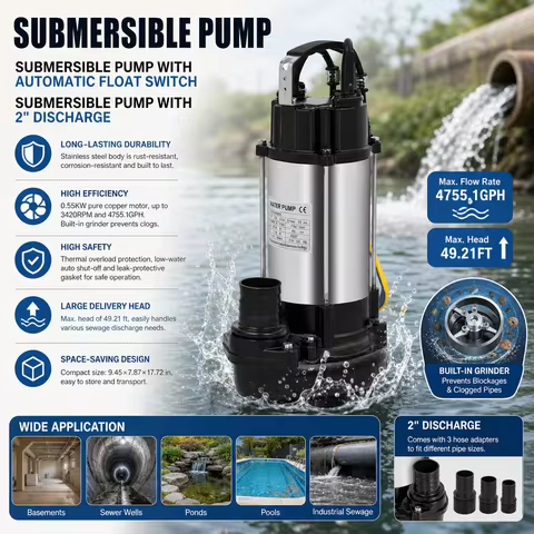 High Flow Heavy Duty 110V 0.75HP (550W) 3420RPM Submersible Sewage Ejector Pump, 4755 GPH, 2" Discha