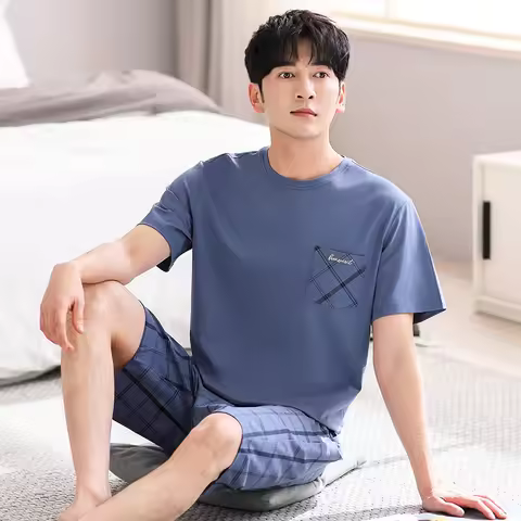 Korean Casual O Neck 100% Cotton Pajamas Men's Pijama Sets Summer Breathable Short Sleeve Sleep Tops