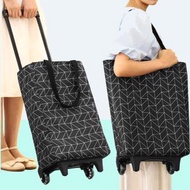 可摺疊購物車 袋，帶輪子的可重複使用購物車 ，防水牛津布食品雜貨袋，可攜式可摺疊帶可調伸縮手柄和手提帶（黑色） 深黑色