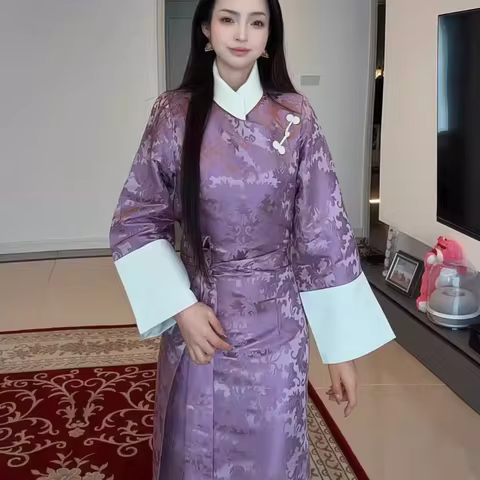 Chinese Xizang Spring and Summer Women's Ethnic Dress Bhutan Collar Bola Dress Fashion Tibetan Dress