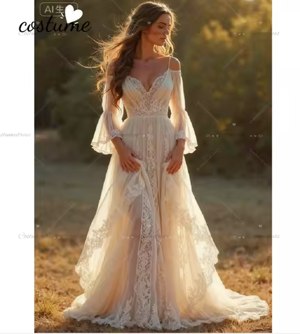 Whimsical Forest Bohemian Wedding Dress 2026 Fantasy Elven Enchanted Woodland Bride Gown Fairy Lace 