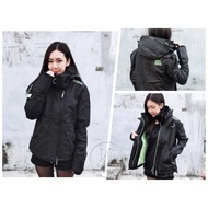 Superdry Women's Version Three Zipper Black With Apple Green Windproof Coat Hooded Jacket Water Repellent