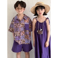 Boys Girls Baby Brothers Sisters Clothes Korean Version Sling Dress Children Short-Sleeved Shorts Pl
