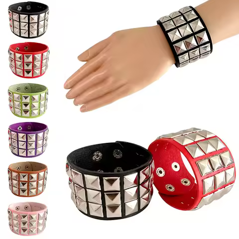 New Unique 3 Row Cuspidal Spikes Rivet Stud Wide Cuff Leather Punk Gothic Rock Unisex Bangle Bracele
