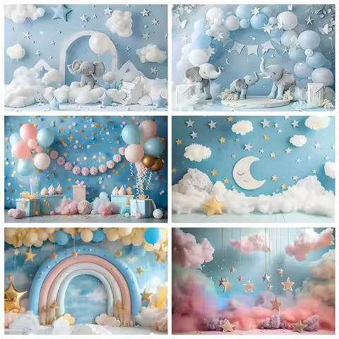 Baby Shower 1st Birthday Party Backdrop Photography Dreamy Blue Starry Sky Clouds Party Decor Kids P