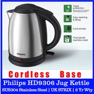 Philips HD9306 Jug Kettle. Philips HD9306/03. 1.5 Litres Capacity. 1800 Watts Power. Cordless Base With Cord Winder. 75cm Power Cord.  One Touch Spring Lid. UK STRIX Thermostat. Safety Mark Approved. 2 Years Warranty.