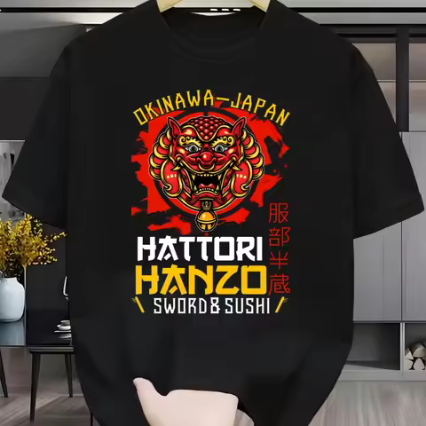 Men's Japanese Samurai T-Shirt Qin Ye Hantō Sword Okinawa Gate Design Red Golden Accent Black Shirt 