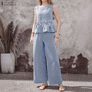 ZANZEA Women Two-piece Outfits Holiday Retro 3D Flowers Crew Neck Sleeveless Tank Long Trousers Plai