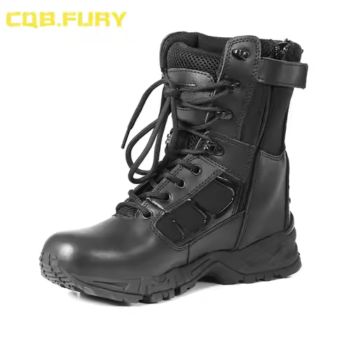 CQB.FURY Leather Mens Waterproof Tactical Boots Black Wearable Black Leather Boots