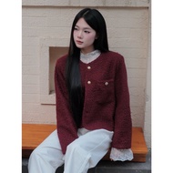 Emmy_Cloth86// Women's Red Tweed EveningJacket Basic Ruffled Style Copper Button Details Autumn Wint