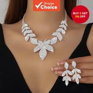 Luxury Maple Leaf Rhinestone Necklace Earring Set Glitter Party Jewelry