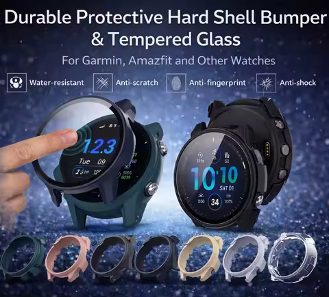 Tempered Glass Case for Garmin Forerunner 165 965 955 255 Screen Protector & Protective Bumper Cover