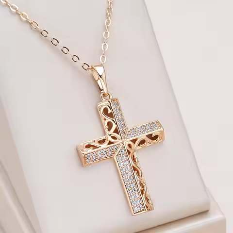 Kinel Exquisite Cross Necklaces 585 Rose Gold Micro Wax Inlay Natural Zircon Hollow Flower Necklaces