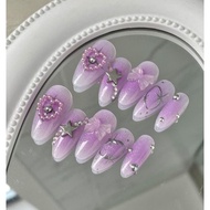 White-Purple Gel Nails With A Cute Heart Bow Y2k Style Handmade