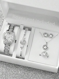 女士鋼帶時尚簡約石英手錶，羅馬刻度盤＆鑲有水晶鑽，大型水晶鑽首飾套裝（6件/套），適用於假日