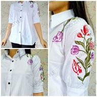 PUTIH KEMEJA White SHIRT WOMAN WHITE SHIRT FLORA SLEEVE 3/4 PREMIUM Thick Material SIZE M L XL 2L 3L