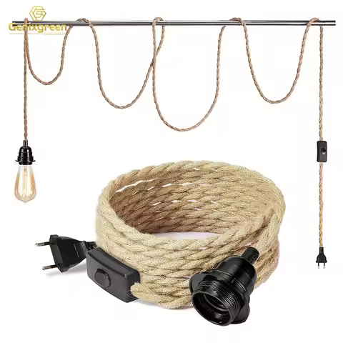 Genixgreen DIY Twisted Cord Lamp Base Rope Electrical Wire 2 Core 2M 3M E27 EU Plug Plastic Socket V