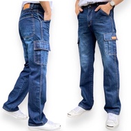 JEANSEXPRESS Cargo13oz. Denim Men's Dark Blue Washed Jeans Side Bag Cylindrical Shape Zip Fly Non-St