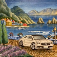 海上公路旅行，原創油畫，布面油畫，梅賽德斯汽車，義大利