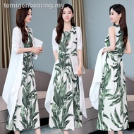 ✟❈JS Women's Clothing Medium - long print dress art cotton linen two - piece match Plus Size Dress L
