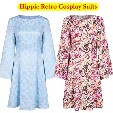 Hippie Retro Cosplay Floral Printed Dress Victoria Viking Clothing 70s 80s Stage Performance Costume
