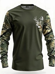 Men's 3D geometric printed casual long-sleeve T-shirt, elastic polyester knit fabric, regular fit, m