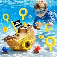 Funscape Kids Pool Diving Toy, Treasure Pirate Ship Diving Pool Game Water Play W/ Key Coin Gem, Tod