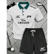 Men Casual Sports Suit Summer Breathable Printed Lapel Polo Shirt Drawstring Sports Shorts Trendy Al