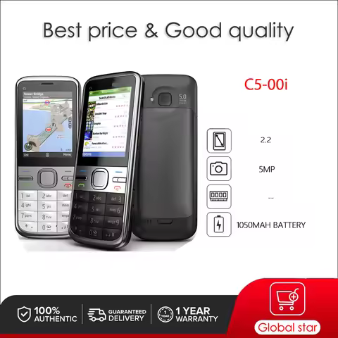 Original Unlocked C5-00i 5MP Camera Bluetooth Loudspeaker CellPhone Russian Arabic Hebrew Keyboard M