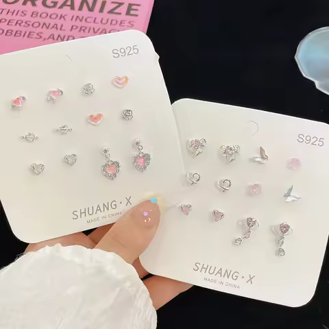 6Pairs/set Fashion Cute Pink Crystal Bowknot Heart Shape Stud Earrings Sets For Women Girls Ears Jew