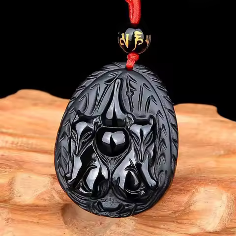Natural Obsidian Hand Carved Nine Tailed Fox Pendant Fashion Boutique Jewelry Couple Double Fox Neck