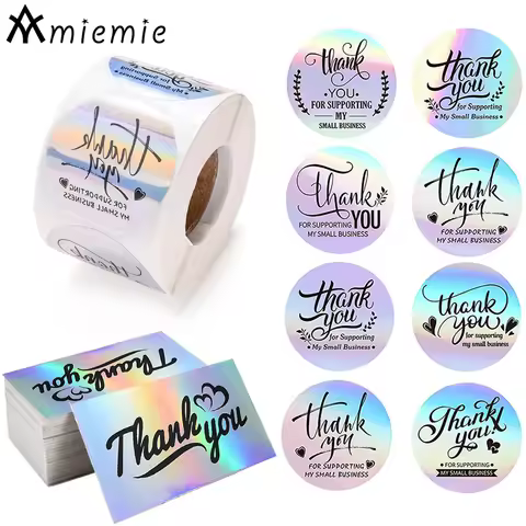 1Set 8Designs Holographic Thank You Stickers Cards Rainbow Waterproof Labels For Gift Wrapping Envel