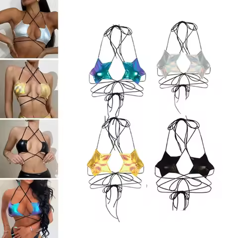 M7DD Women's Metallic Star Bra Crop Top Halter Lace Up Bralette Bandeau Camisole Dance Tops Star Str