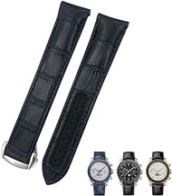 GANYUU 19mm 20mm 21mm Curved Leather Cowhide WatchBands Fit For Omega Speedmaster Seamaster 300 AT150 Sxwatch Watch Strap (Color : Blue line 1, Size : Silver buckle)