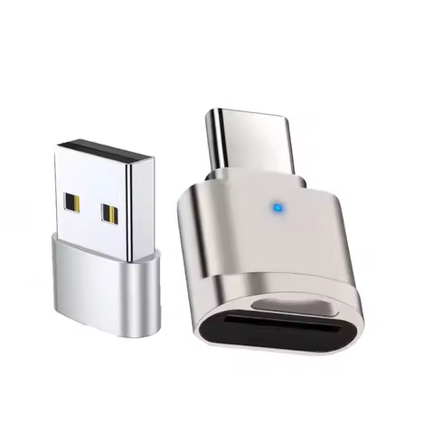 A USB-C TF Card Reader with a Zinc Alloy Casing, Featuring a Built-In USB-C to USB-A Adapter and a U