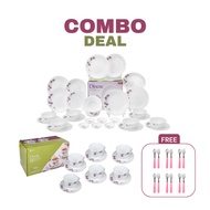 Felli Dinexe Opal Glass Dinnerware Set (24 Pcs) + Cup & Saucer Set (12 Pcs) - Wavy Purple Daisy [FRE