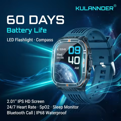 Smart Watch Men 2.01" IP68 LED Flashlight Compass 100+ Sport Modes 20-Day Battery Bluetooth Call Hea