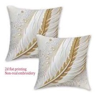 1/2/4pcs 17.7"X17.7" Abstract Beige Gray Country Style 2D Flat Gold Feather Decorative Throw Pillow 