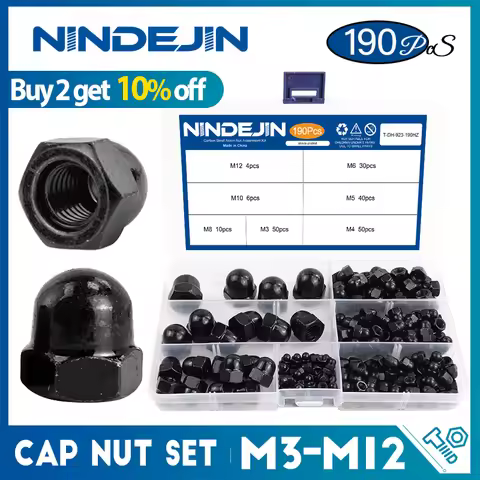 NINDEJIN 190pcs Cap Nut Set Black Carbon Steel M3 M4 M5 M6 M8 M10 M12 Hexagon Acorn Nut Cover Dome N