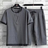 【3-Color】M-5XL Plus Size Plain drawstring labelContrast Crew Neck Short Sleeve T-Shirt + Shorts Set 
