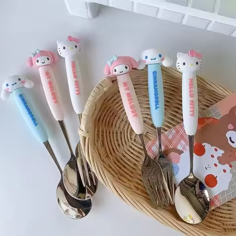 Cartoon 304 Stainless Steel Spoon Fork Tableware Set Cute Hello Kitty Melody Travel Cutlery Tablewar