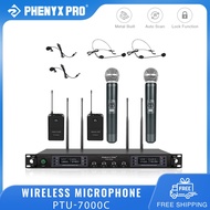 Phenyx Pro PTU-7000C Wireless Microphone System Quad Channel Wireless Mic Bodypack/Headset/Lapel Mics 4x40 Channels Auto Scan Microphones for Singing Church Karaoke